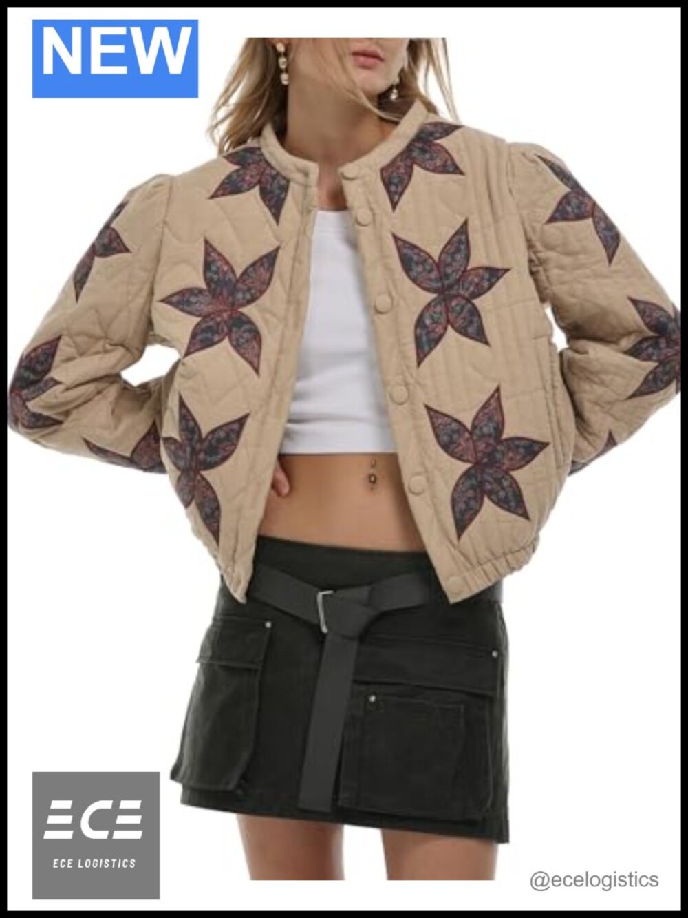 Gacaky Women's Floral Embroidered Quilted Jacket Button Front Relaxed Fit